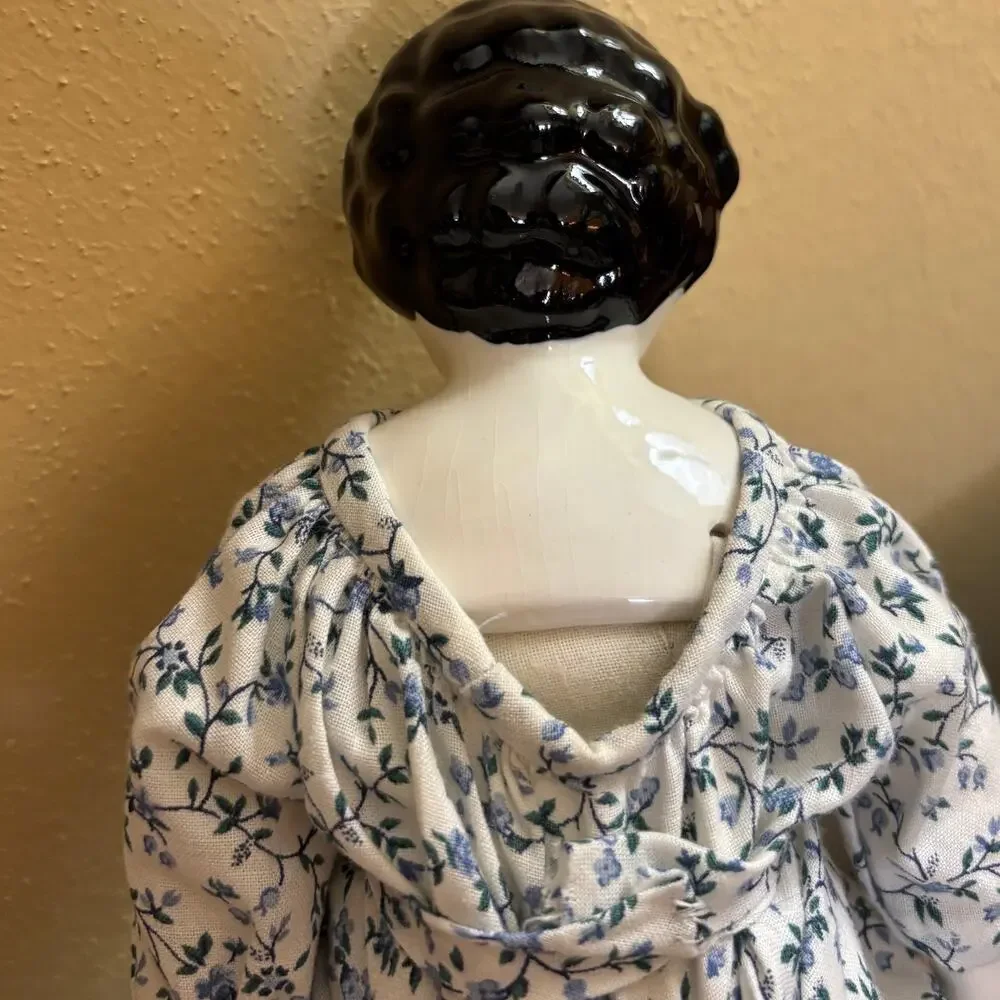 China Shoulder Head Doll Black Hair Blue Floral Cotton Dress Soft Body 11
